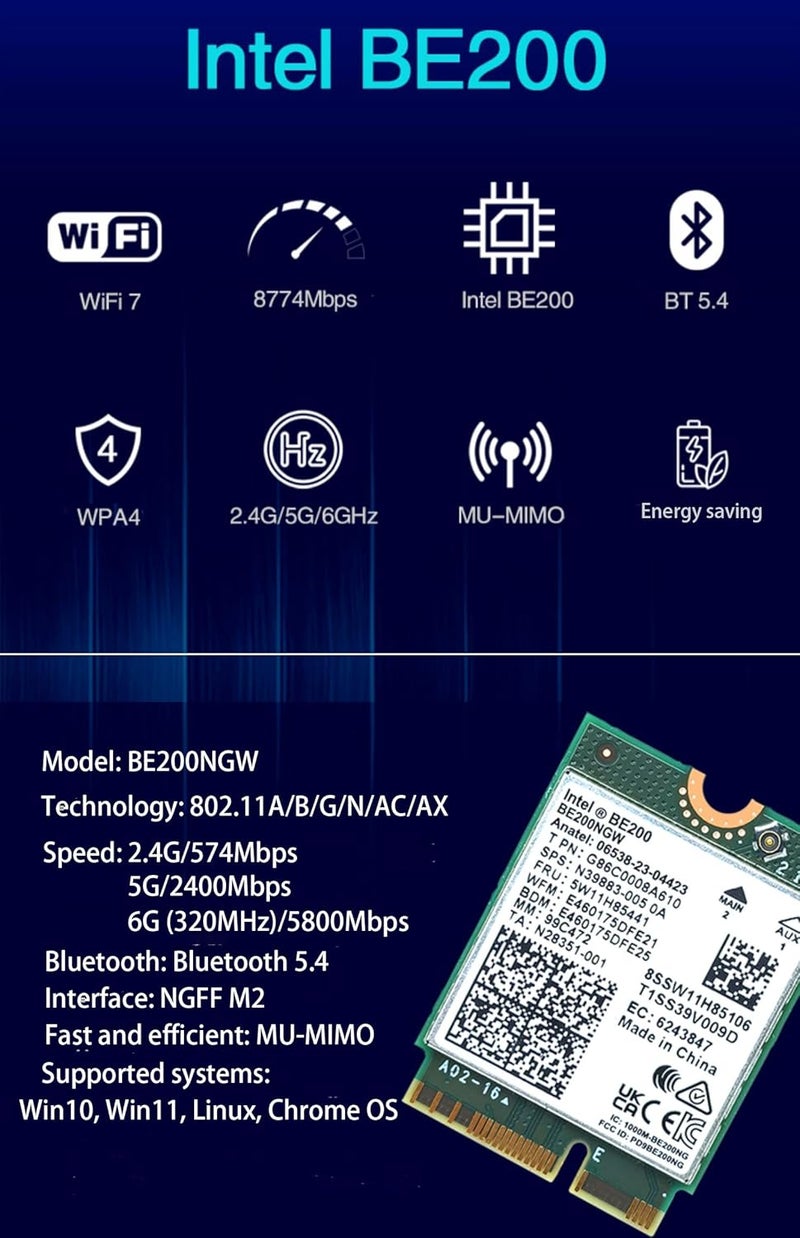 CORN WiFi 7 BE200 NGW Wireless Card, Tri-Band 6GHz/5GHz/2.4GHz M.2 NGFF Bluetooth 5.4, Includes Ipex Cable, 8dBi Antennas and Brackets Support Windows 10/11(64 bit)/Linux, Not Support AMD. (with Antennas) - Image 4
